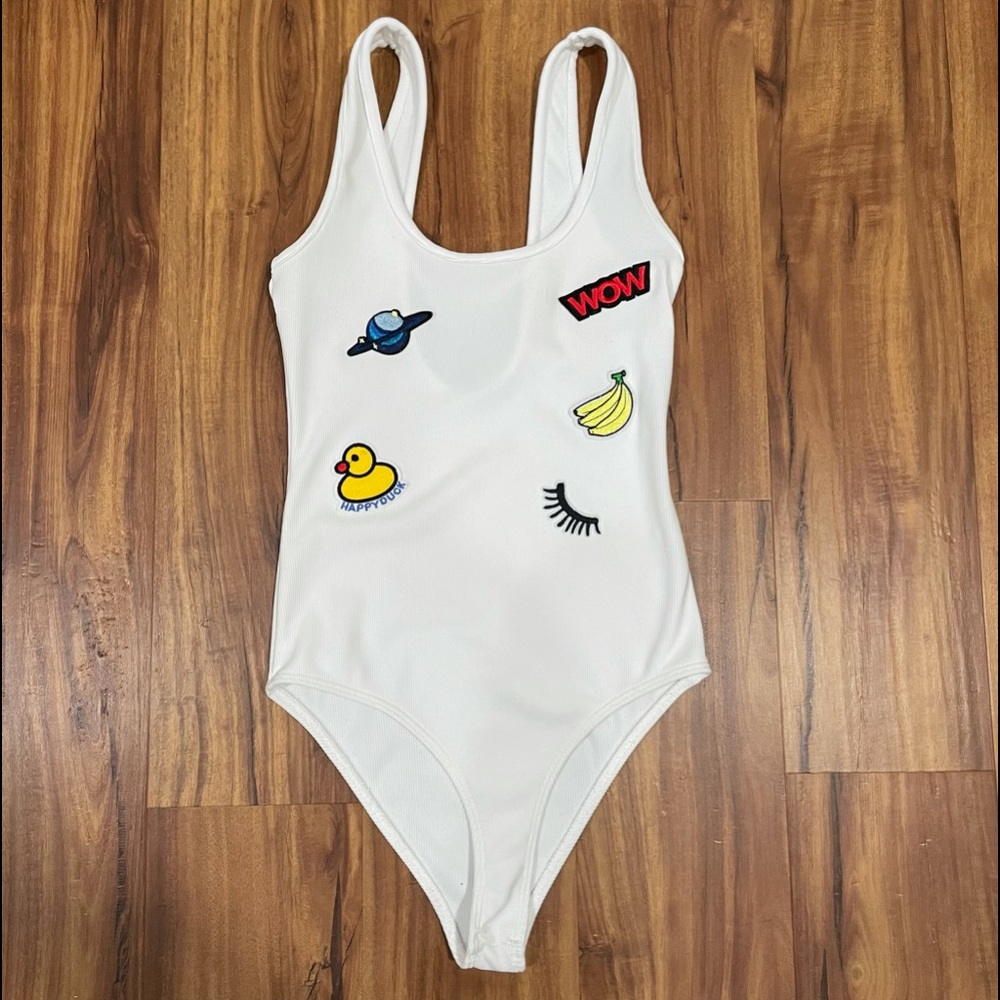 Zara White Ribbed Bodysuit w/ Patches